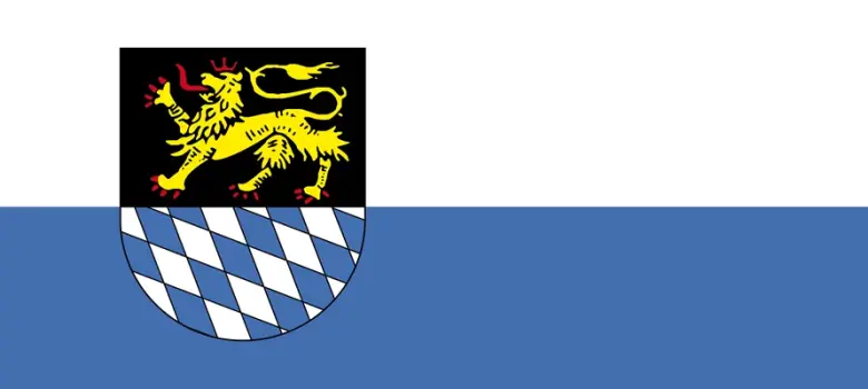 Fahne der Stadt Simmern Löwe in gelb mit Raute blau weiß in Querformat